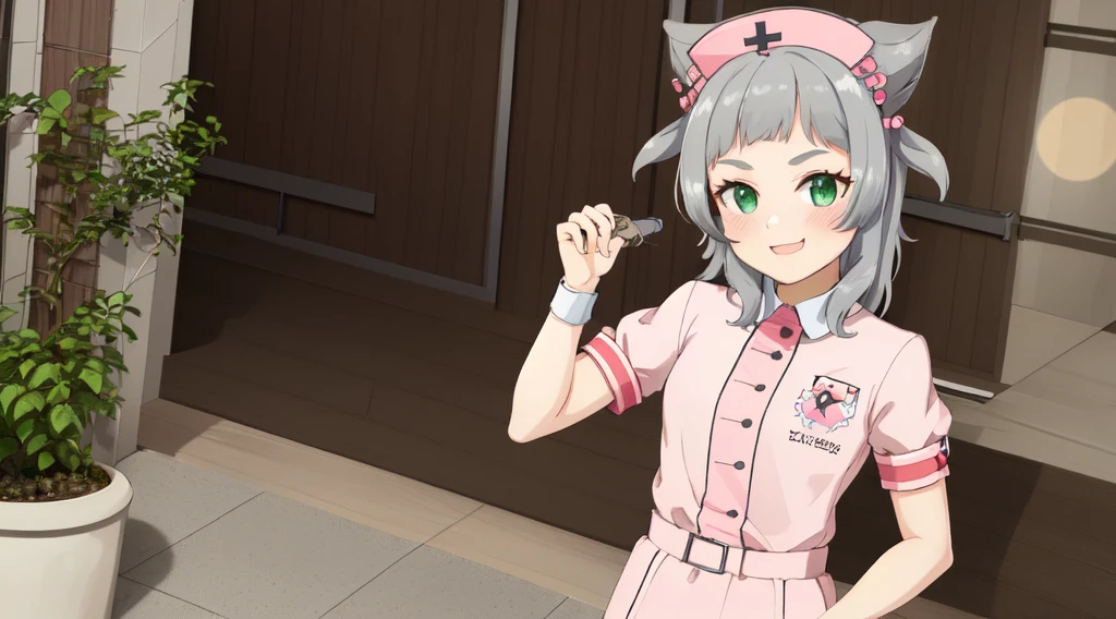 interior,hospital,A girl, alone, green eyes, gray fur, Hair ornaments, hits, Youtuber Virtual, shine, blunt hits, double explosion, animal ears, Lens flare, flat chest,pink nurse uniform,blush, (See your viewers), SMILE, 