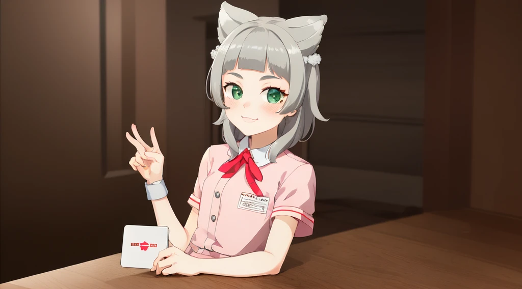 interior,hospital,A girl, alone, green eyes, gray fur, Hair ornaments, hits, Youtuber Virtual, shine, blunt hits, double explosion, animal ears, Lens flare, flat chest,pink nurse uniform,blush, (See your viewers), SMILE, 