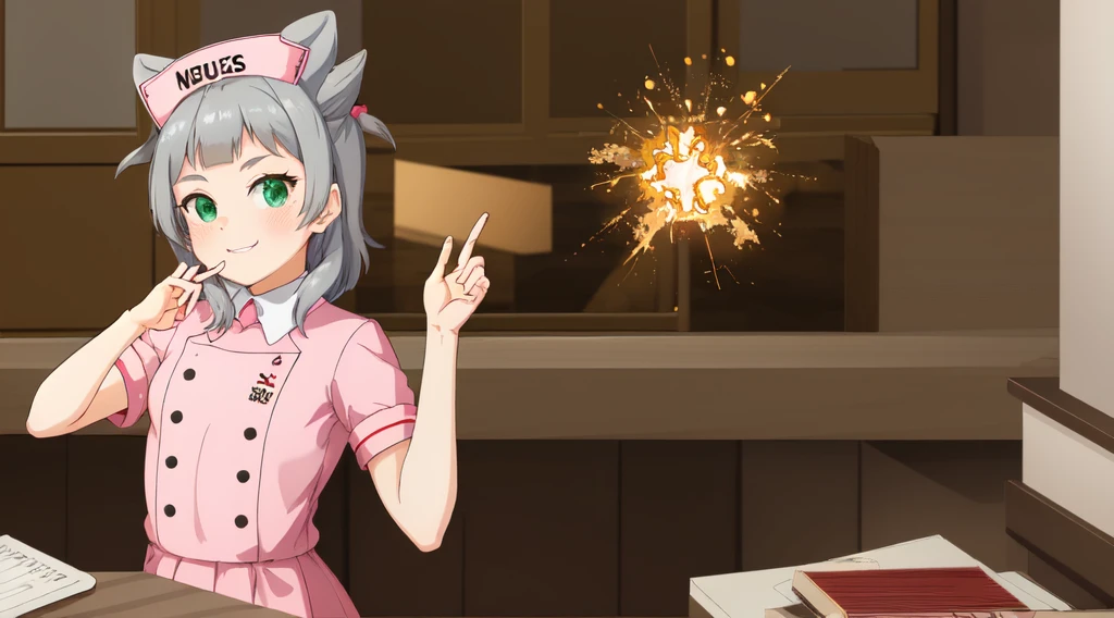 interior,hospital,A girl, alone, green eyes, gray fur, Hair ornaments, hits, Youtuber Virtual, shine, blunt hits, double explosion, animal ears, Lens flare, flat chest,pink nurse uniform,blush, (See your viewers), SMILE, 