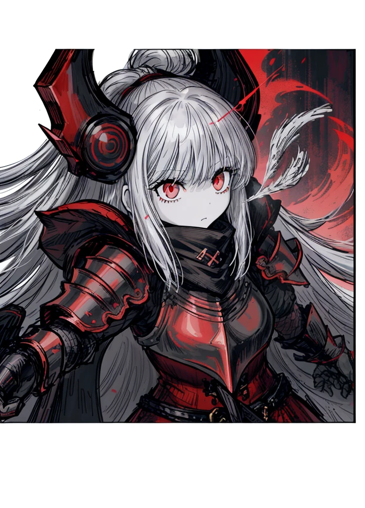 1girl, pale skin, grey hair, dwarf, warrior, red armor, nice clothes, (high resolution, high detail, best quality), 
black background, giant axe,