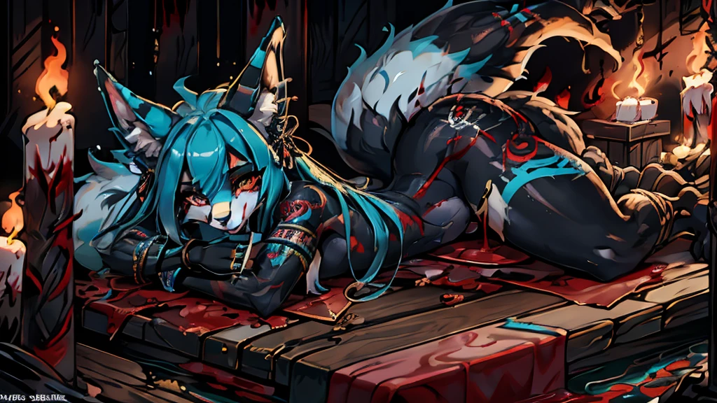 Miku Hatsune, add high definition_detail:1, blue fur,kitsune ears, tribal tattoo add_detail:1, in hell add_detail, devilish girl, batwigs agregar_detail, Lying on a wooden table with blood, puddle of blood add_detail, wide and pronounced hips add_detail:1