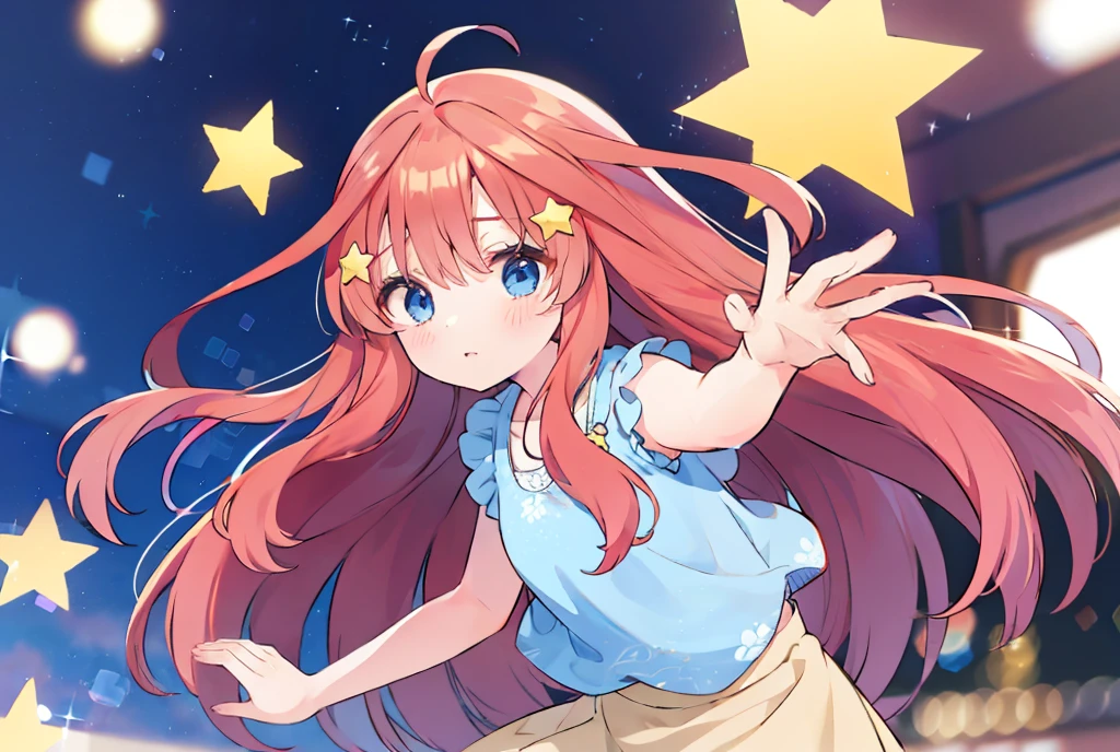 itsuki Nakano, Official art、Beautifully Aesthetic:1.2)、patterns、Hair spreads throughout、4k, excellent quality, Ultra Detail, Soft Light, Deep Focus Bokeh, Ray Tracing, --niji 5. Nakano itsuki from the quintessential quintuplets, itsuki Nakano, long fluffy red hair, blue eyes, nakano_itsuki, star hairclips, splendid, dynamic pose, excellent character design, star hair ornament , perfect face, neat, clean, perfect definition  aaitsuki, long fluffy hair,bangs,hair between eyes, (Casual Outfit),  long beige skirt, sleeveless top,surrounded by stars, playing with stars, curious amazed face