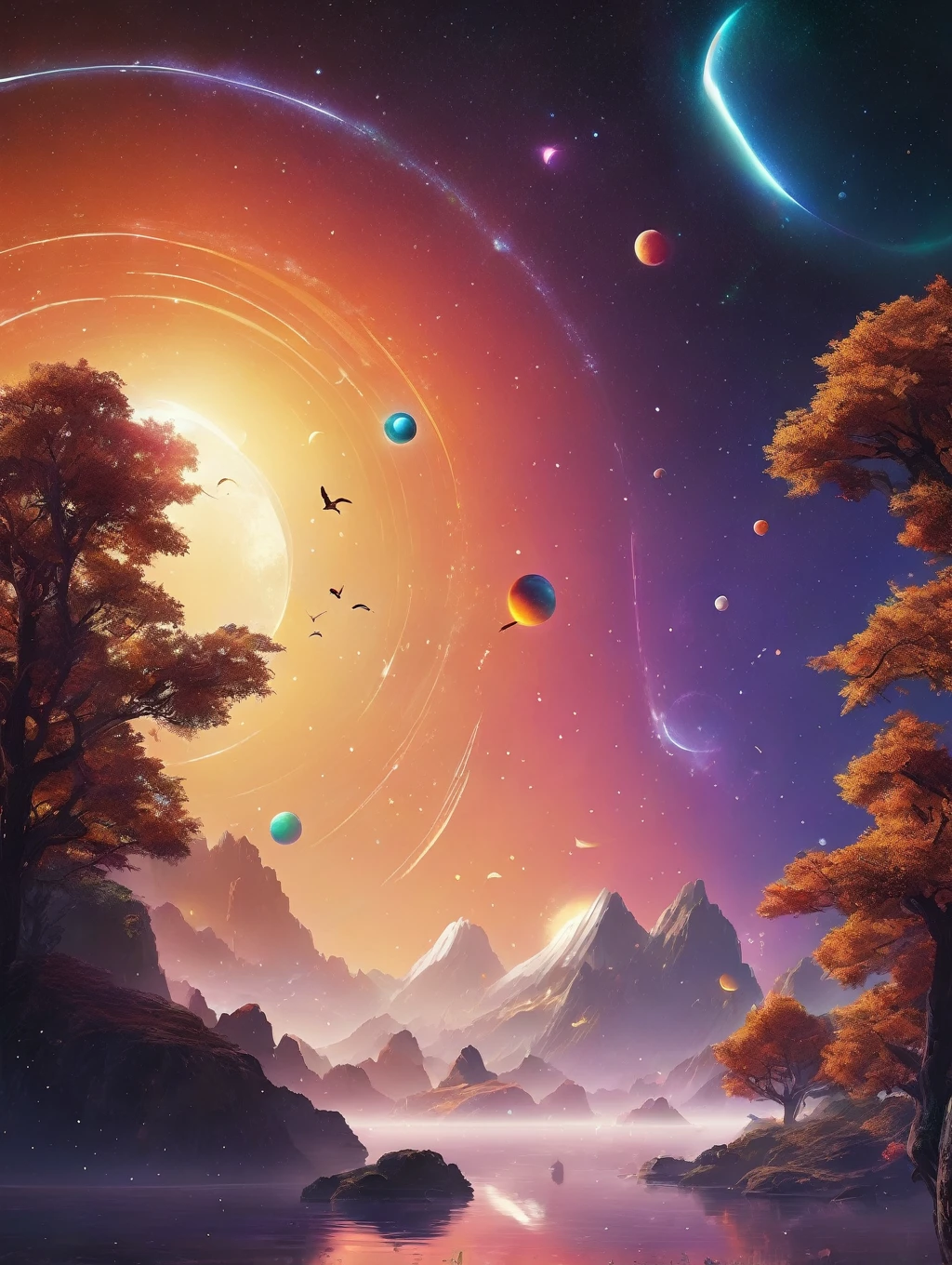 Create a surreal landscape with a realistic sky. The sky should remain its natural blue color, with no roads or ground visible, only the sky. The sky is filled with a meteor shower, and strange, otherworldly birds are flying. The birds have large, translucent wings that scatter light with every flap, and their beaks are long and curved, emitting stardust. In the background, giant planets and two moons float, slowly moving, emitting rainbow-colored auras. The scene is endless, with an infinite sky, shooting stars, and flying birds.