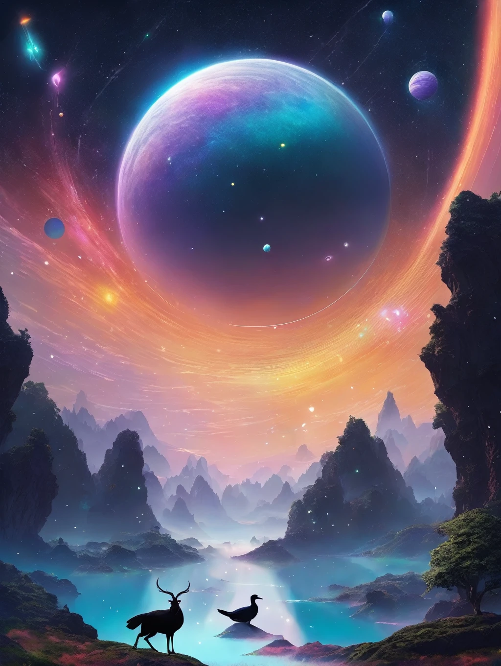 Create a surreal landscape with a realistic sky. The sky should remain its natural blue color, with no roads or ground visible, only the sky. The sky is filled with a meteor shower, and strange, otherworldly birds are flying. The birds have large, translucent wings that scatter light with every flap, and their beaks are long and curved, emitting stardust. In the background, giant planets and two moons float, slowly moving, emitting rainbow-colored auras. The scene is endless, with an infinite sky, shooting stars, and flying birds.