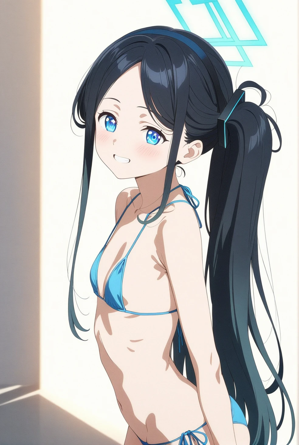best quality, amazing quality, very aesthetic, absurdres, (1girl, aris (blue archive), blue archive, blue eyes, black hair, small breasts), (realistic face:0.9),(string bikini:1.8), (grin, blush, thigh:1.3), (cowboy shot), (glowing eyes), (half closed eyes:0.9), (from side:2), (official art:1.3), (pool), expressive eyes, perfect face, 4k, extremely detailed anime illustration, extremely detailed eyes, perfect anatomy, light rays, extremely delicate body, smooth skin, (simple background:1.5), clear eyes, beautiful face, small breasts,(anime style:1.7), (Warm Light:1.5), (highres:2),