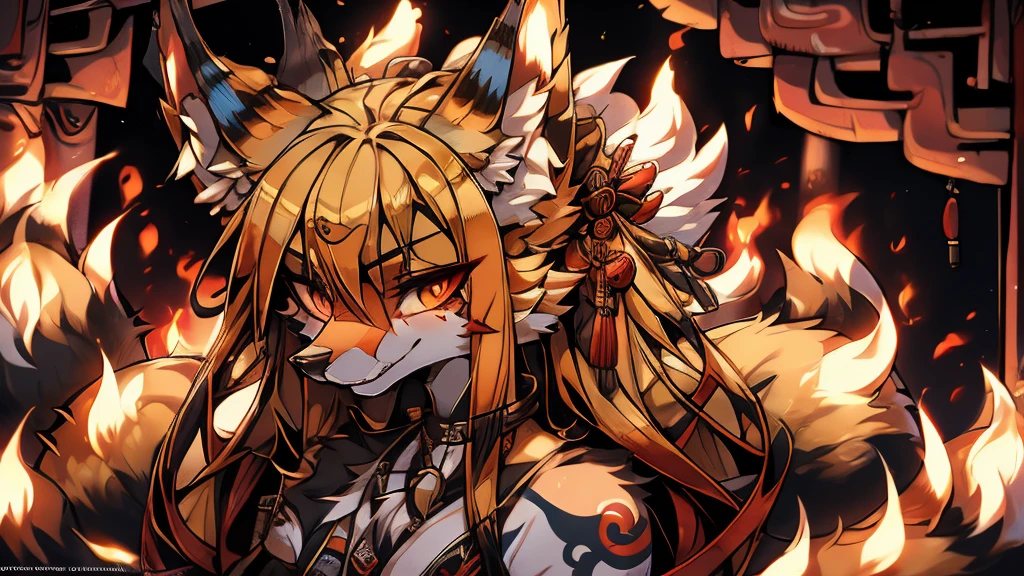 Kitsune 9 tails, add high definition_detail:1, blue fur,kitsune ears, tribal tattoo add_detail:1, in hell add_detail, batwigns add_detail Fer yokai kitsune.