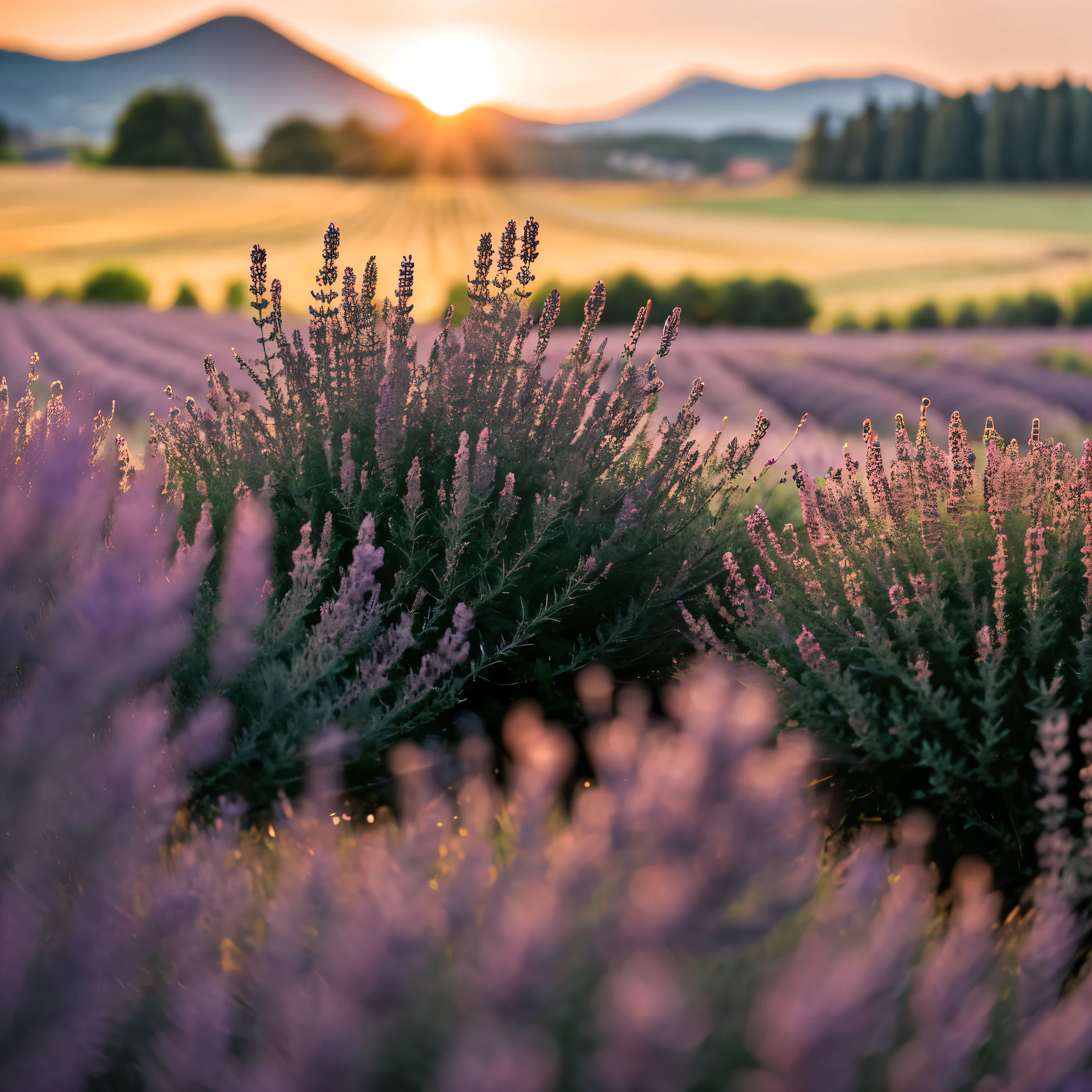 (depth of field:1.6), chiaroscuro, bokeh, f/1.2, Realism, Verism, close-up, UHD, highres, 1080P, HD, best quality, high quality, super detail, lavender field, at sunset, summer, against the background of mountains5