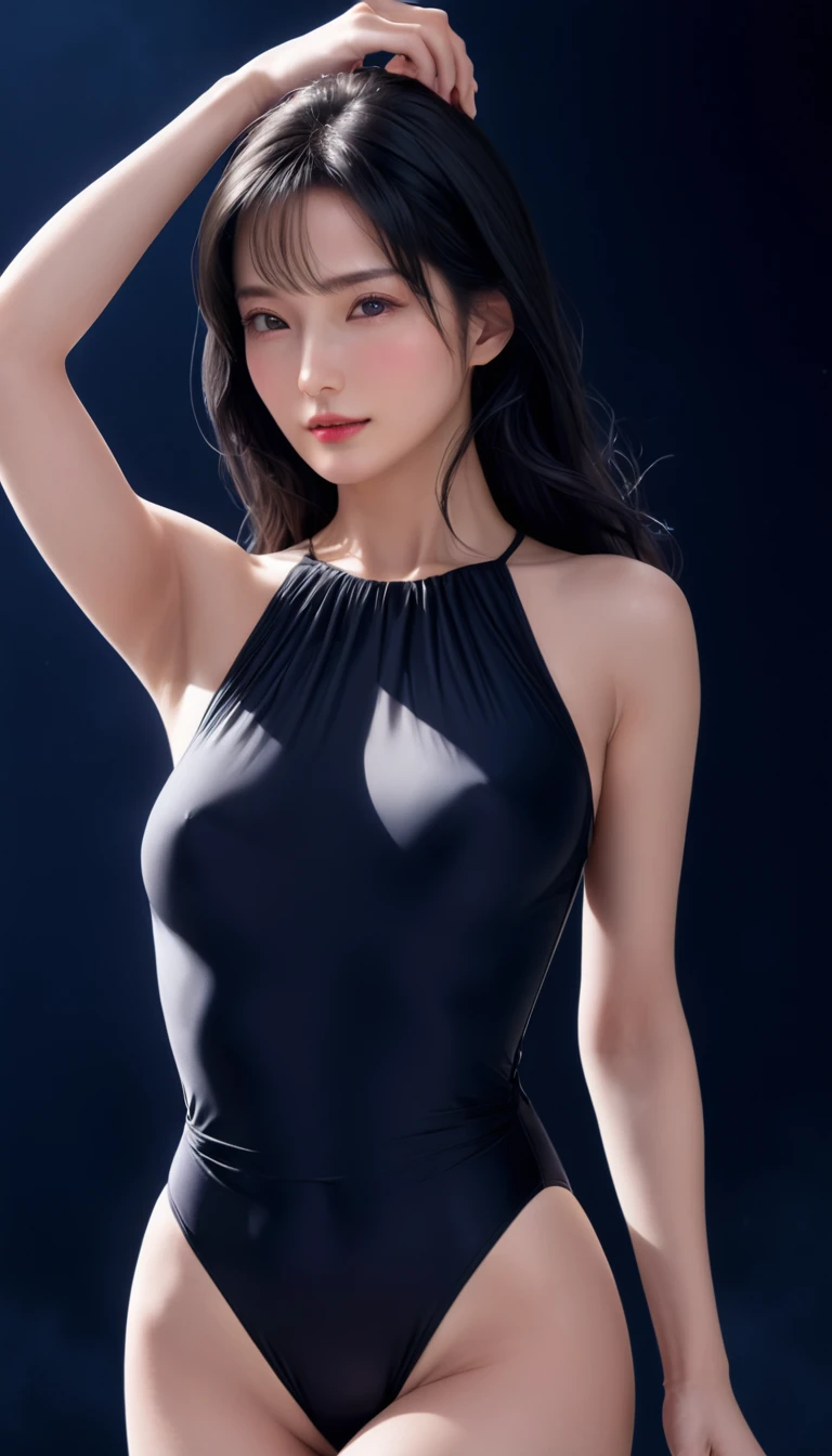 ((最大16K解像度のmasterpiece:1.6)), beautiful, Highest quality, Absolutely wonderful, high detail, Ultra-high resolution, masterpiece, Real, Realistic, The depth of the written world, Cinematic Light,
One elegant mature woman, Long black hair, beautiful顔, Highly detailed facial expressions, Gentle expression, Transparent white skin, Very delicate skin texture, Superb proportions, Anatomically correct body,
Elegant high leg swimsuit, snow-white color, Fine fabric texture、
Black Background,
Focus on the upper body,((Face close-up:1.5)),