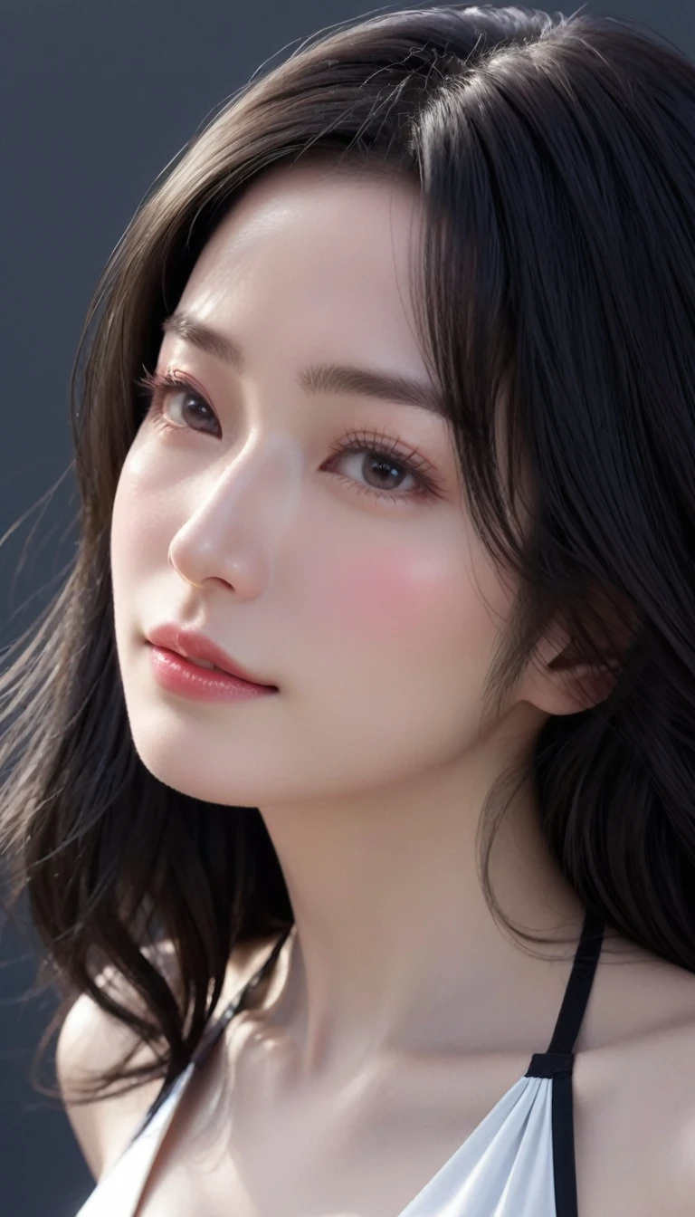((最大16K解像度のmasterpiece:1.6)), beautiful, Highest quality, Absolutely wonderful, high detail, Ultra-high resolution, masterpiece, Real, Realistic, The depth of the written world, Cinematic Light, 
One elegant mature woman, Long black hair, beautiful顔, Highly detailed facial expressions, Gentle expression, Transparent white skin, Very delicate skin texture, Superb proportions, Anatomically correct body,
Elegant high leg swimsuit, snow-white color, Fine fabric texture、
Black Background,
Focus on the upper body,((Face close-up:1.5)),
