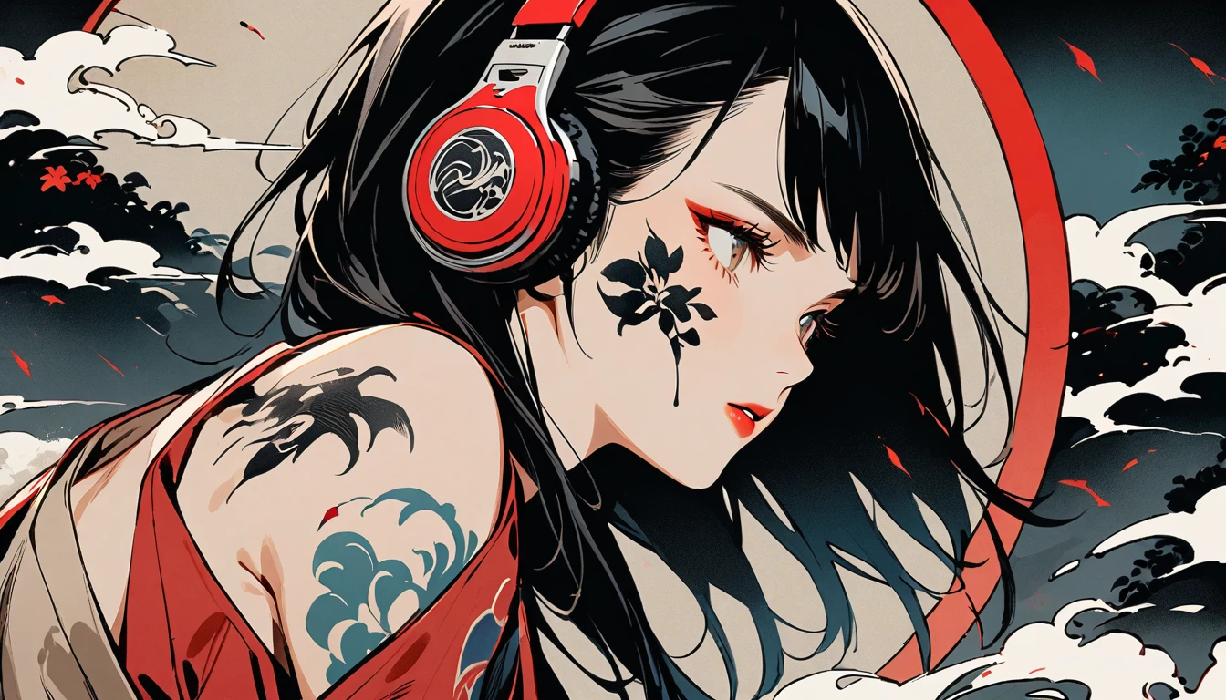 Ink Painting, (((1 girl))), (((Tattoo on face))), Japanese style headphones, beautiful girl, Black Hair, Delicate and precise, Modern ukiyo-e style, Darkness