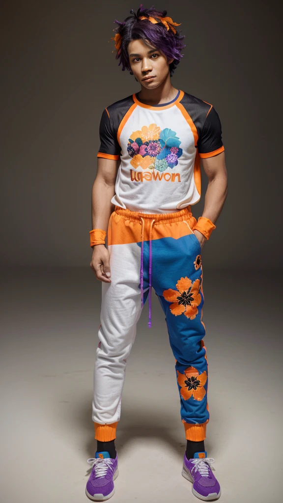 A young man, he has a purple afro hair, a orange flower mask, he has a dark blue and black t-shirt with a purple and orange jumpsuit with blue and orange and yellow flowers details on the jumpsuit, he has a black groovy pants with orange flower details, and an extra long socks , plus a blue and purple sneaker, The right hand wears an orange glove, realistic, studio photo, white background , vibrant colors, colorful, Looking at the camera