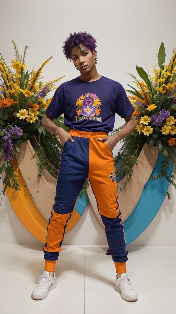 A young man, he has a purple afro hair, a orange flower mask, he has a dark blue and black t-shirt with a purple and orange jumpsuit with blue and orange and yellow flowers details on the jumpsuit, he has a black groovy pants with orange flower details, and an extra long socks , plus a blue and purple sneaker, The right hand wears an orange glove, realistic, studio photo, white background , vibrant colors, colorful, Looking at the camera