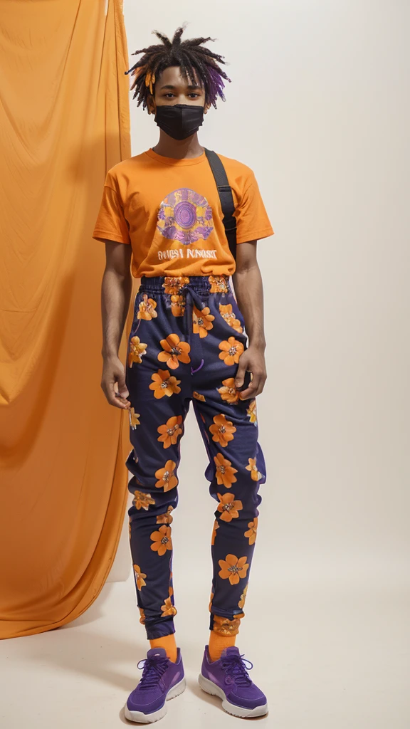 A young man, he has a purple afro hair, a orange flower mask, he has a dark blue and black t-shirt with a purple and orange jumpsuit with blue and orange and yellow flowers details on the jumpsuit, he has a black groovy pants with orange flower details, and an extra long socks , plus a blue and purple sneaker, The right hand wears an orange glove, realistic, studio photo, white background , vibrant colors, colorful, Looking at the camera