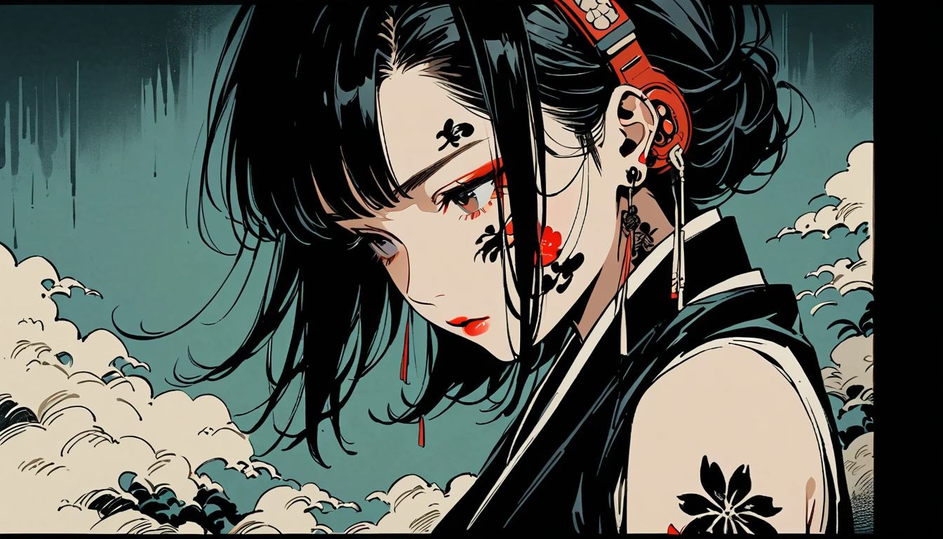 1boy, 1girl, black_eyes, black_hair, blood, blunt_bangs, choker, flower, freckles, hair_flower, hairband, holding, jacket, kimono, lips, looking_at_viewer, makeup, medium_breasts, parted_lips, solo, <lora:koyorin-v2:1> style:koyorin <lora:Banksy Style:1> banksy style,