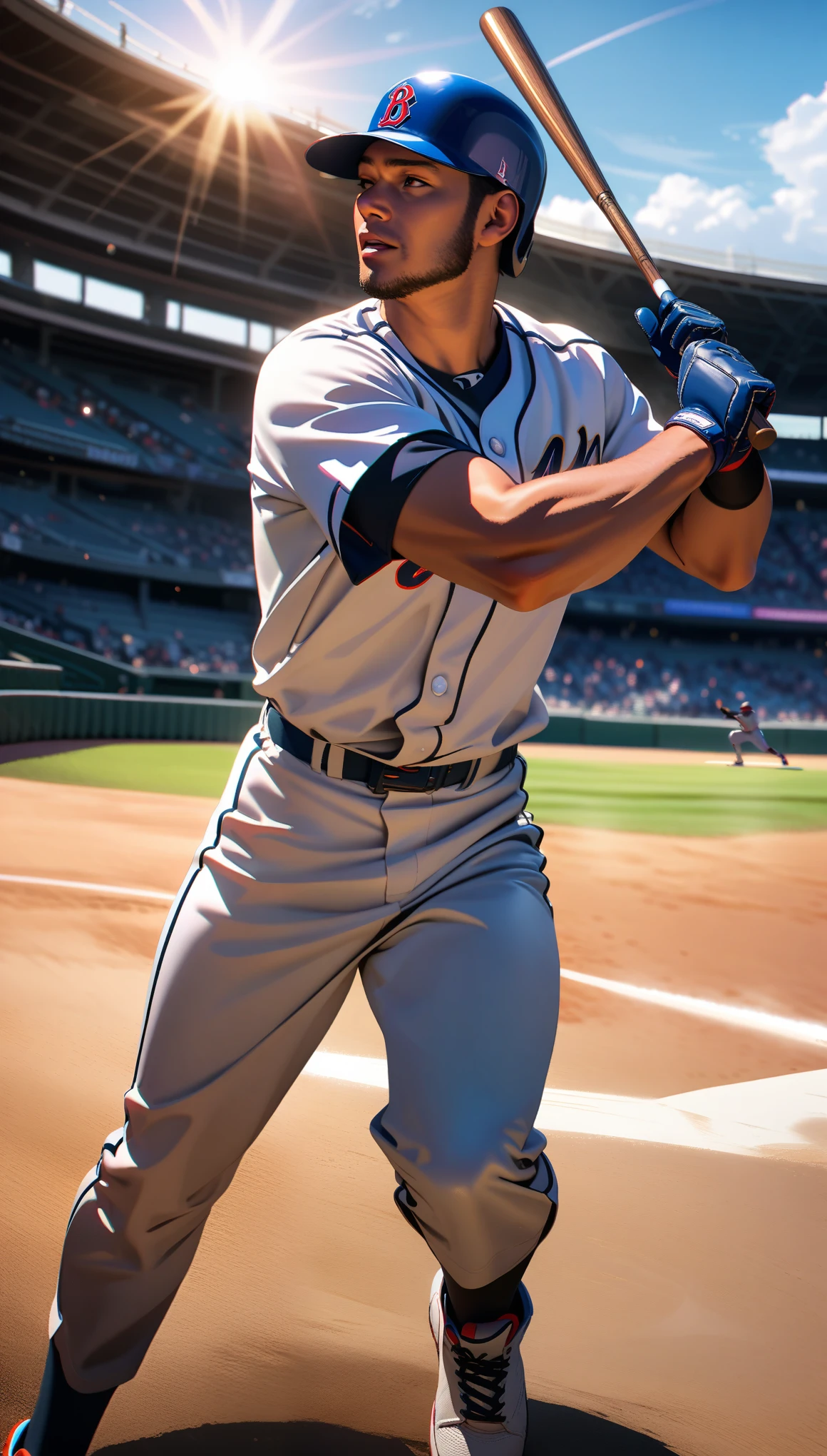 a muscular male baseball player in a stadium with a cheering audience, baseball uniform, batting stance, detailed facial features, highly detailed, cinematic lighting, photorealistic, epic scale, dramatic action, dynamic composition, vibrant colors, depth of field, detailed textures, sports action scene