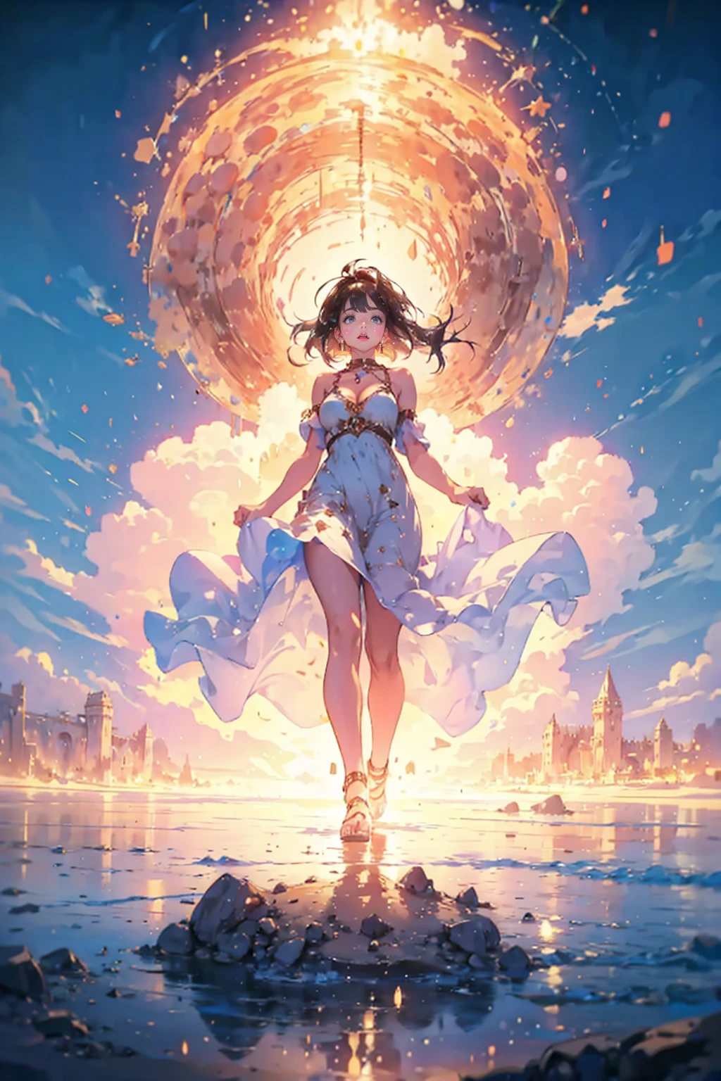 1girl,solo,cool,bigbreast,cleavage,dress,in desert,sand,floating a sand,big golem,