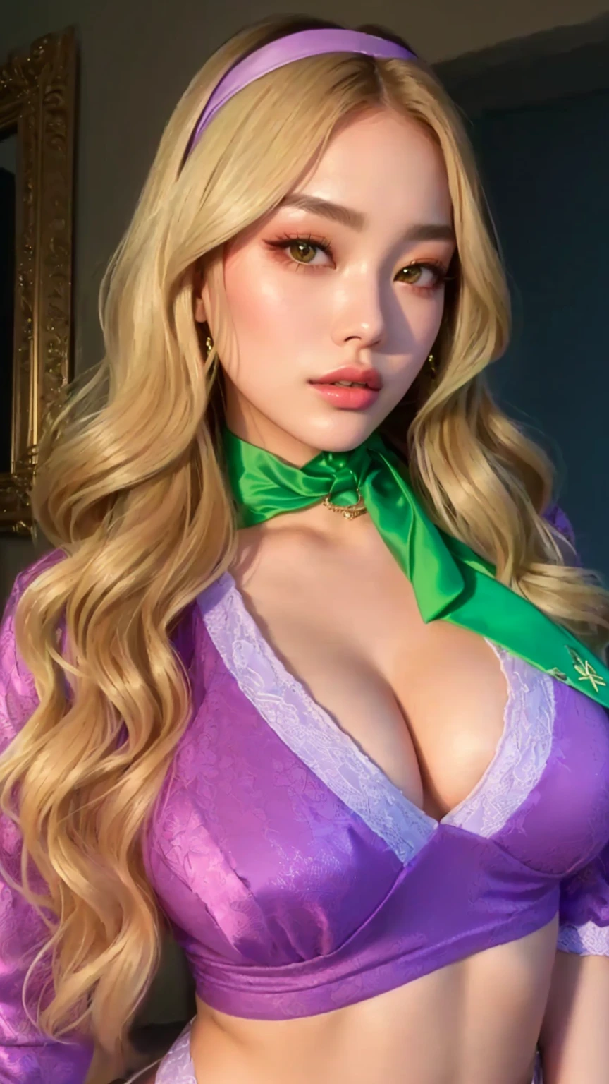 a close-up of a woman with a purple bra and green tie, sakimichan frank franzzeta, Sakimichan, korean, model iG | artegerm, jaeyeon nam, Ilya Kuvshinov with long hair, neckleace, lalisa manobal, Aesthetics!!!!!! female genius, parque roseanne de blackpink