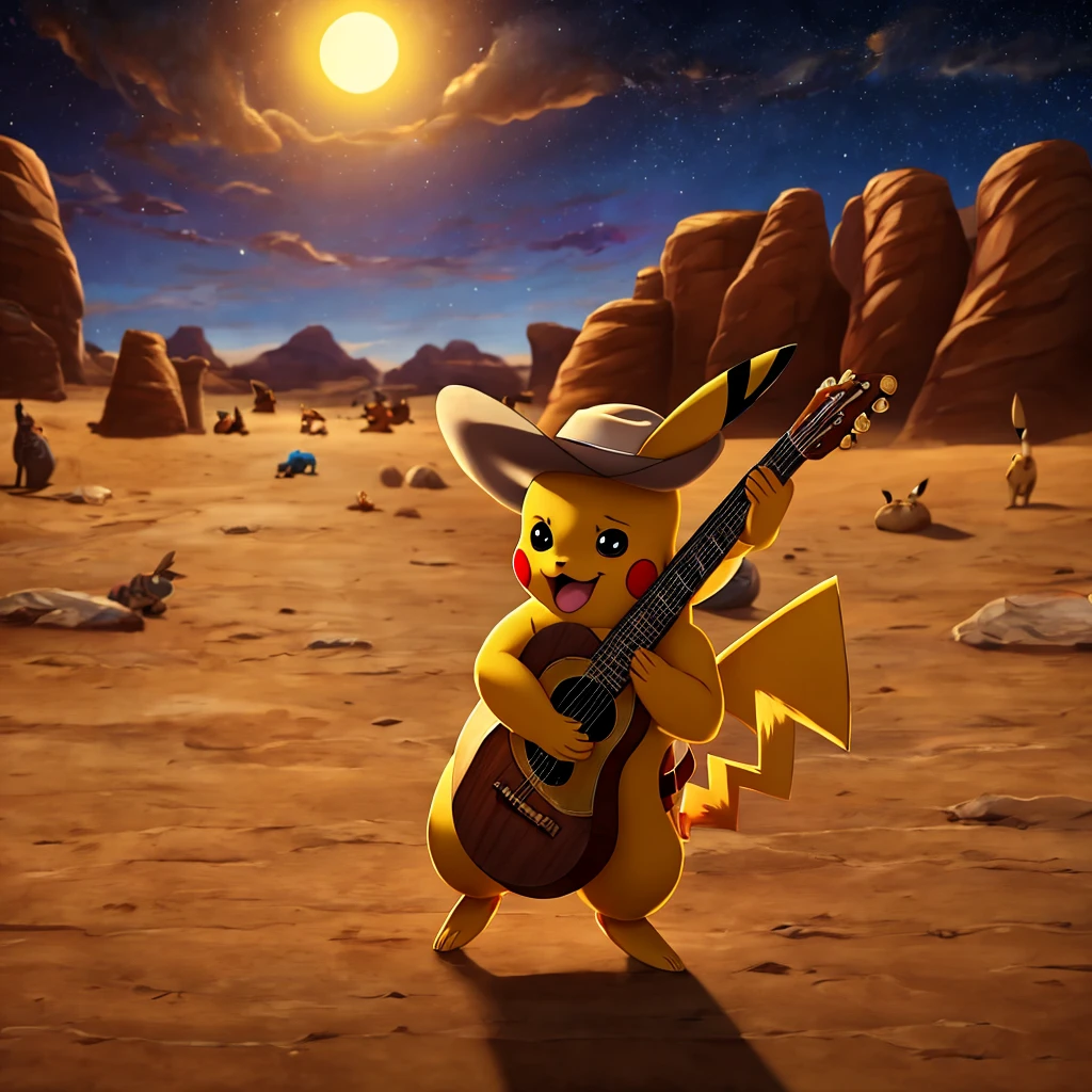 1 pikachu wearing a small cowboy hat, holding a mini guitar, singing on a stage with colorful cows following behind him in a desert landscape at night, 8k, high quality, detailed, photorealistic, disney-esque art style, yodeling soundtrack