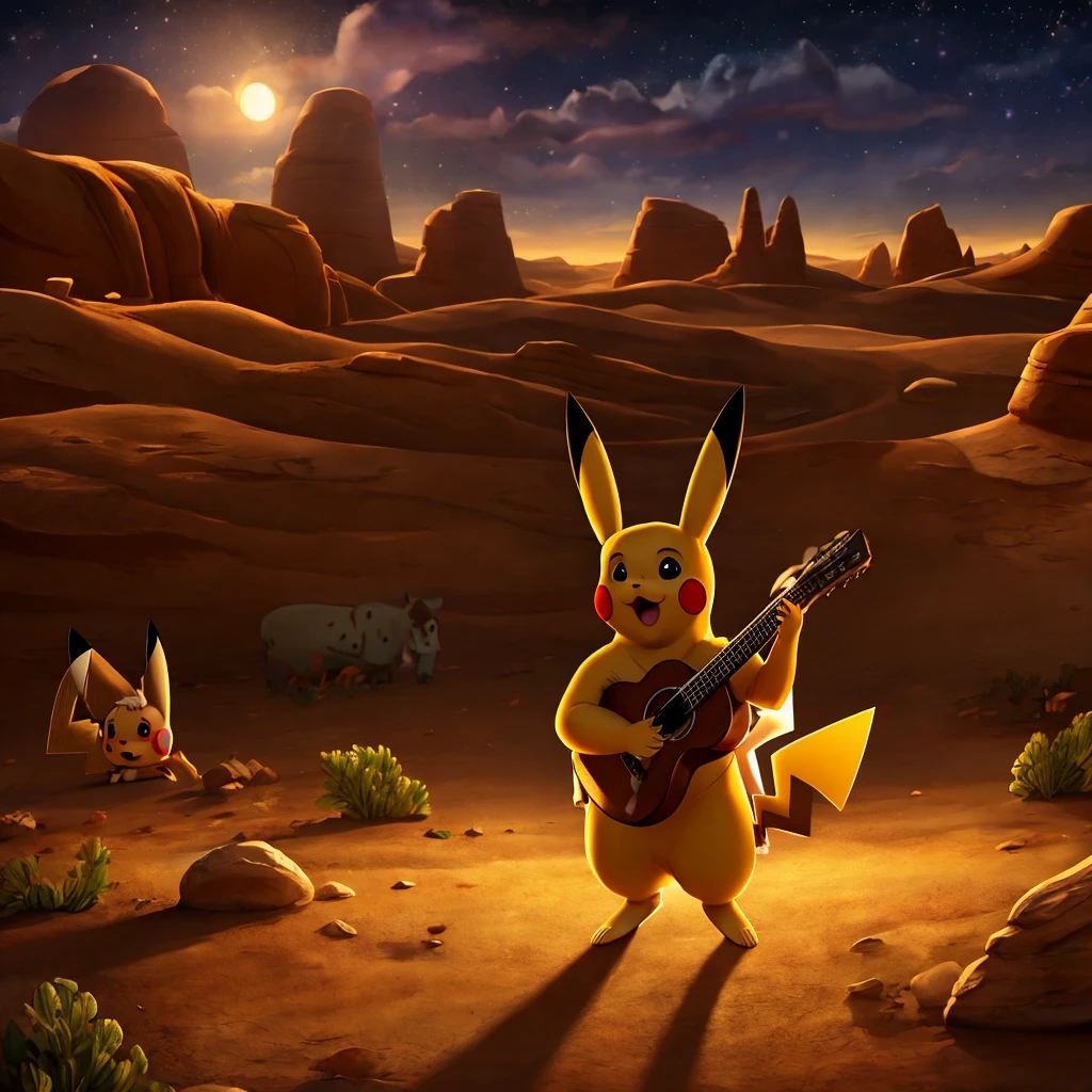 1 pikachu wearing a small cowboy hat, holding a mini guitar, singing on a stage with colorful cows following behind him in a desert landscape at night, 8k, high quality, detailed, photorealistic, disney-esque art style, yodeling soundtrack