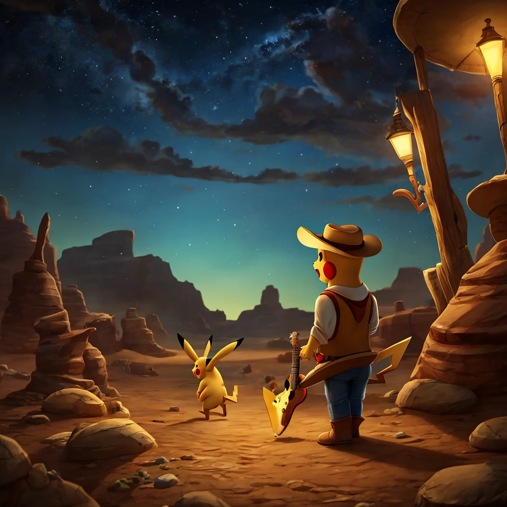 1 pikachu wearing a small cowboy hat, holding a mini guitar, singing on a stage with colorful cows following behind him in a desert landscape at night, 8k, high quality, detailed, photorealistic, disney-esque art style, yodeling soundtrack