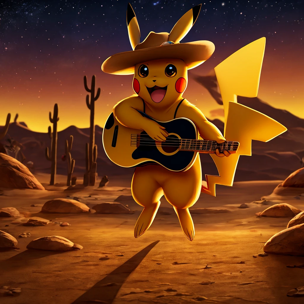 1 pikachu wearing a small cowboy hat, holding a mini guitar, singing on a stage with colorful cows following behind him in a desert landscape at night, 8k, high quality, detailed, photorealistic, disney-esque art style, yodeling soundtrack