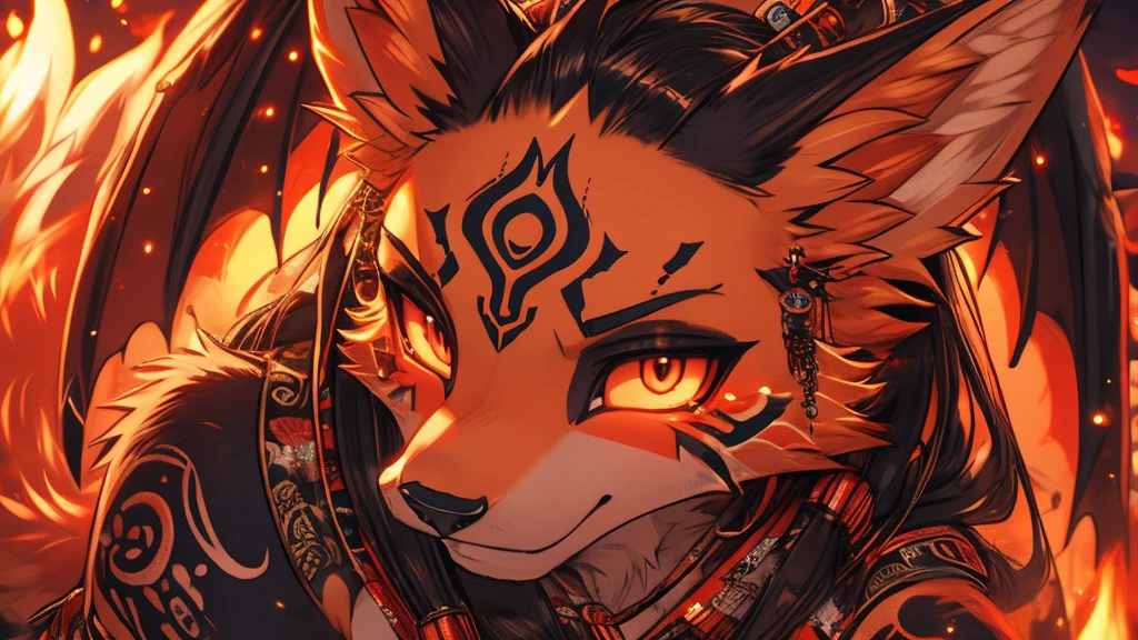 Okami add high definition_detail:1, blue fur,kitsune ears, tribal tattoo add_detail:1, in hell add_detail, batwigns add_detail yokai