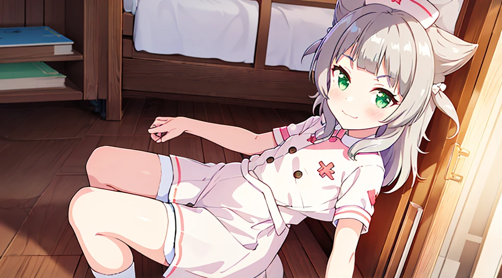 interior,hospital,A girl, alone, green eyes, gray fur, Hair ornaments, hits, Youtuber Virtual, shine, blunt hits, double explosion, animal ears, Lens flare, flat chest,pink nurse uniform,blush, (See your viewers), SMILE, 