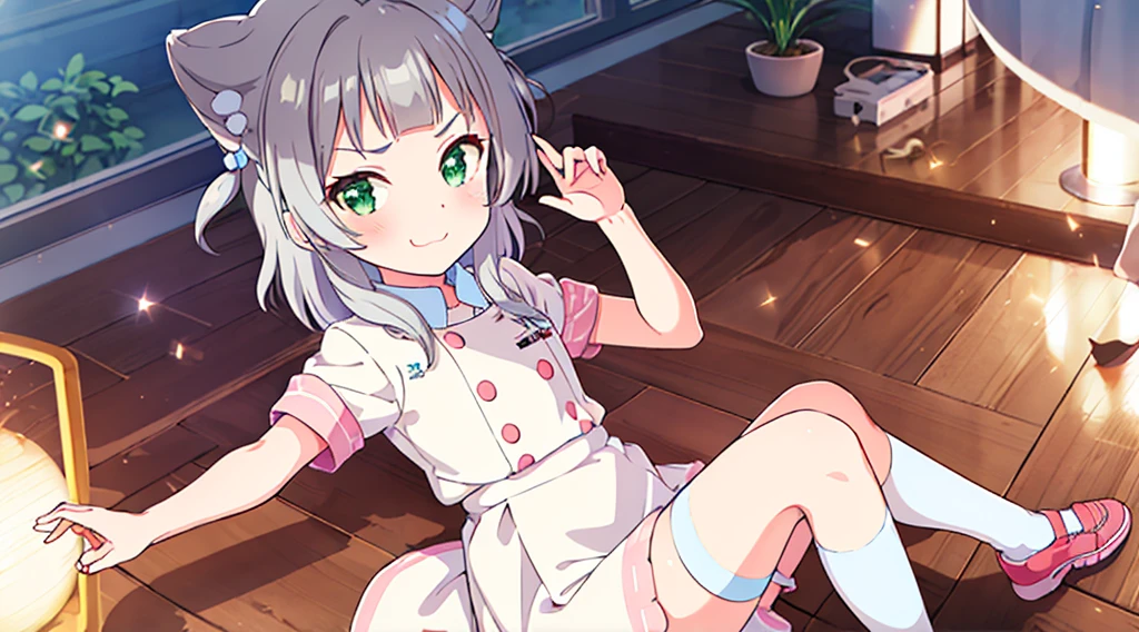 interior,hospital,A girl, alone, green eyes, gray fur, Hair ornaments, hits, Youtuber Virtual, shine, blunt hits, double explosion, animal ears, Lens flare, flat chest,pink nurse uniform,blush, (See your viewers), SMILE, 