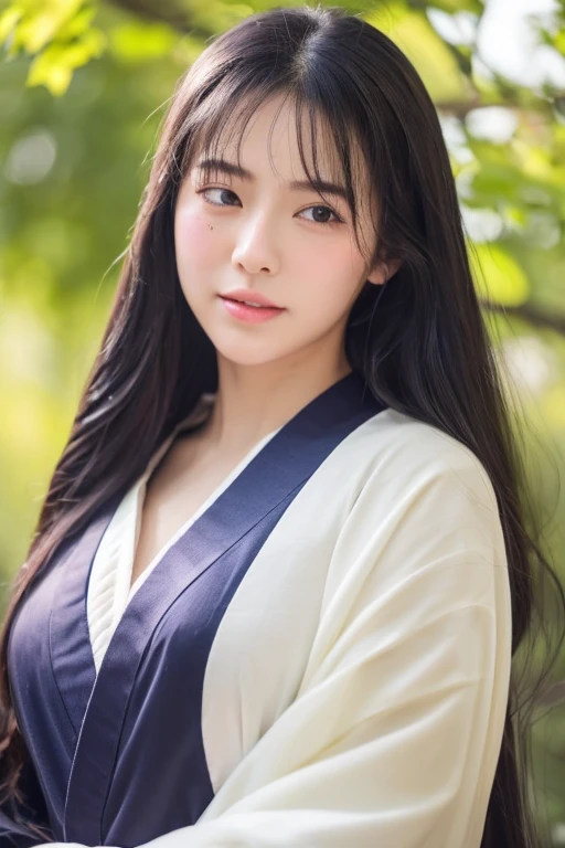 Super super realistic、high quality、Very detailed、Ultra-high resolution、Black Hair、Long Hair、The Beauty of Japan、No makeup、double、Wide-set eyes、Sensual eyes、Sleepy eyes、Apple Cheeks、Alabaster peel、Thin eyebrows 、teeth、Thick lips、sad、behind、Embarrassing 、Apply blush all over the face、Sticking out tongue、Mole under eye、Half-closed eyes、Hollow Eyes、envy、Exhausted、26 years old、height: 147cm、she wearing deep purple and black kimono、standing in green leaves、touch hair、sunlight、full body、blue sky、glint、