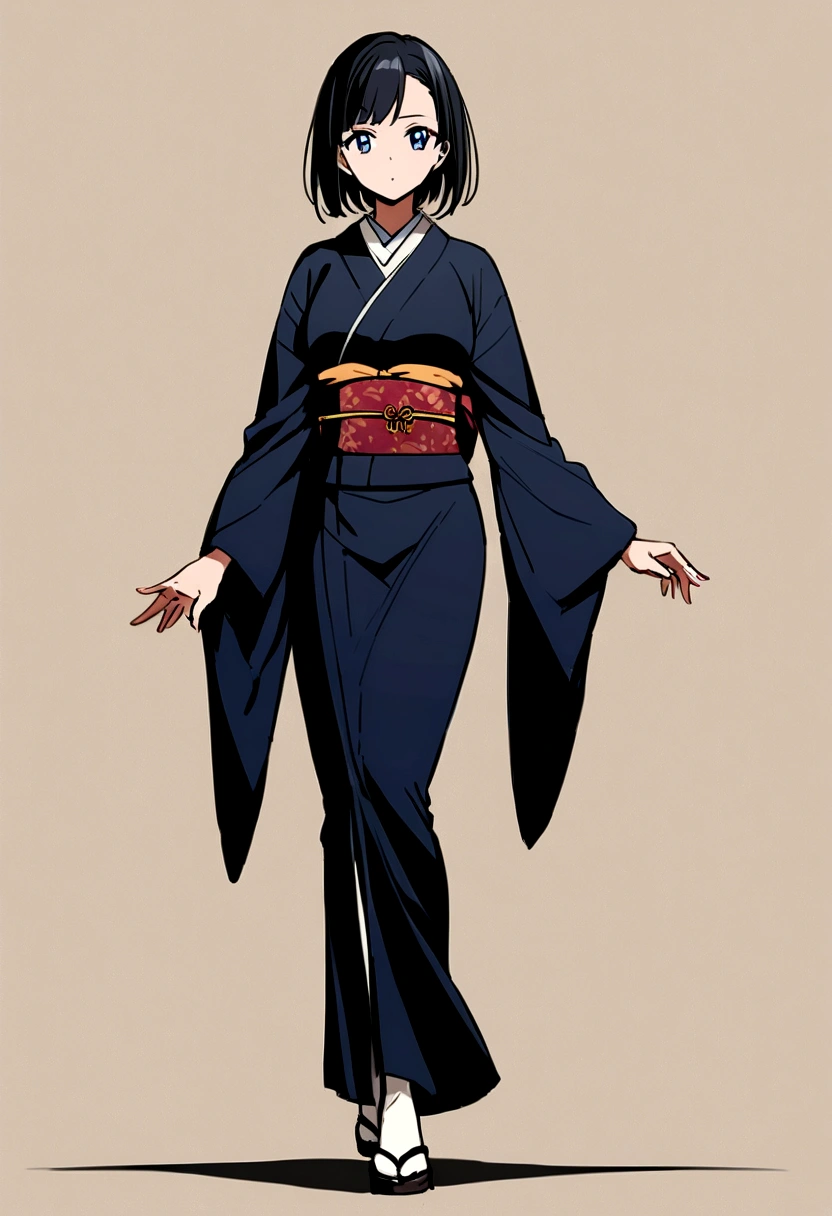 anime girl walking from behind, wearing a kimono, with black hair, and full body.