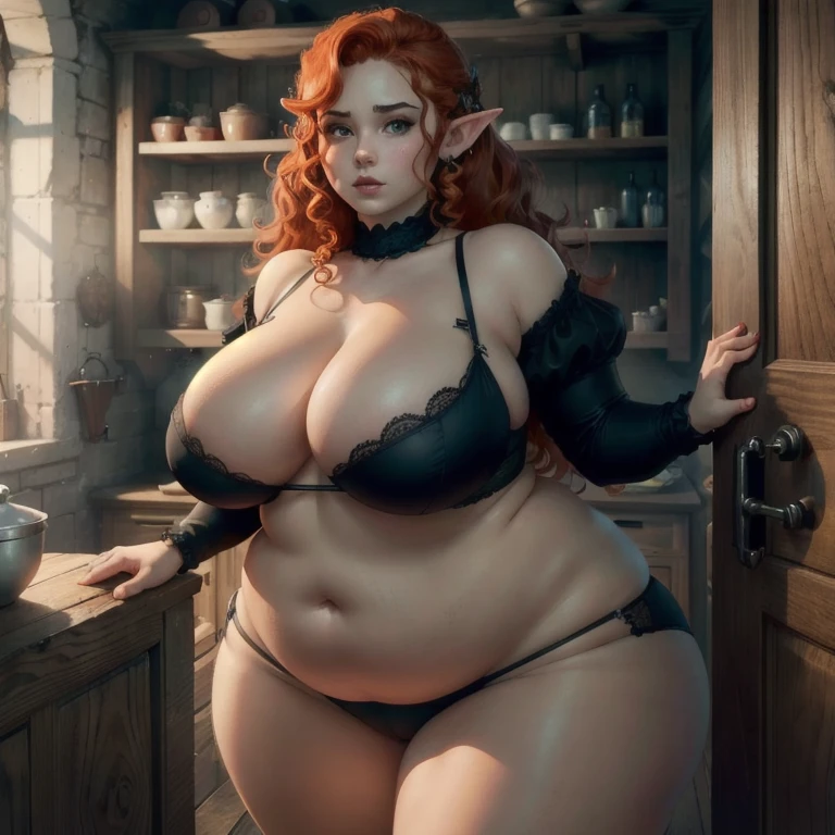 (Best quality), (high resolution), (detailed),1woman, chubby elf girl, dark fantasy, black underwear, ginger hair, hiding, hiding herself from perverts, black top, black strings, holding door, green eyes, hiding behind shelf, curly ginger thick hair, luscious hairstyle, royal face, gigantic tits, black lingerie