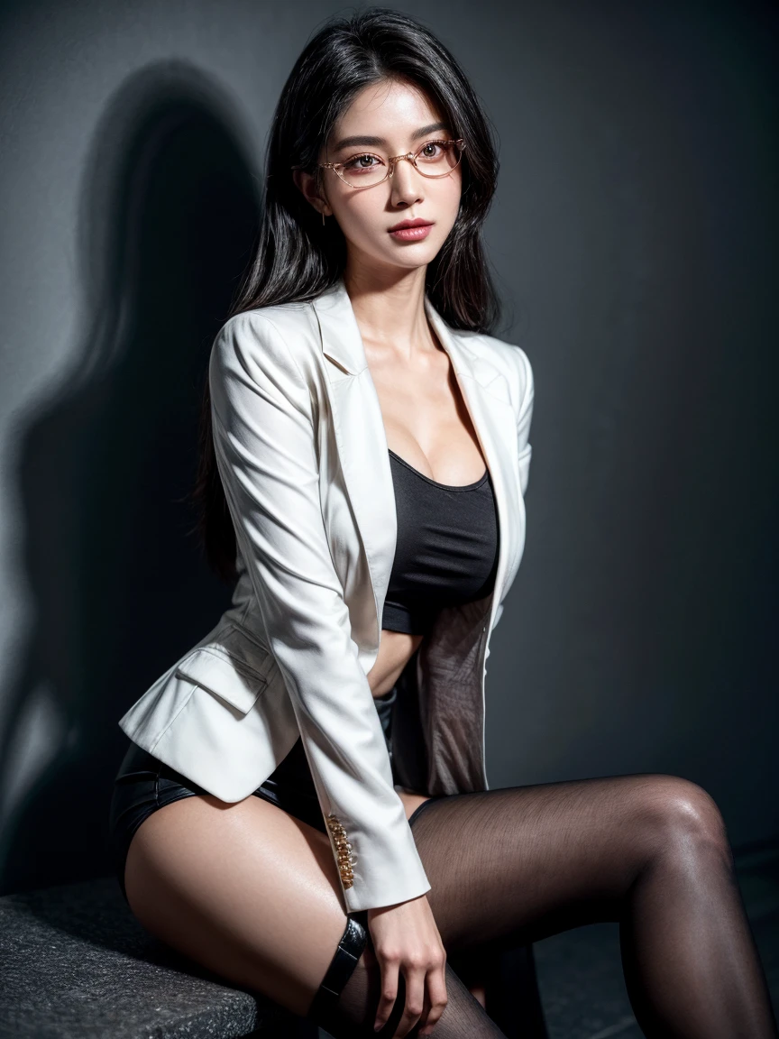1girl in, ((Full body shot)), gros-plan, masutepiece, (very intricate:1.2), Woman, ultra-detailliert, finerly detailed face, Very detailed face young, Sitting on a chair,  Red bunny jacket and bikini, Big breasts, pale skin, Black_hair, Sexy, Curvaceous hair, Medium Hair, large full breasts, Office, Wearing an open jacket, High quality, Best Quality, Realistic, A hyper-realistic, Photorealistic, Looking at Viewer, Beautiful delicate eyes, Highest Quality, hight resolution, Raw photo, 8K, Detailed eyes, Top resolution, looking in camera, (Exquisitely detailed skin), lightsmile, Curve, subdued lighting, perfectly drawn eyes, ((profound darkness, Night, Dark theme:1.1)), depth of fields, On her terrace, Hot sun, Standing, Large breasts,Strip Necklace, ((Navel)), Wavy Hair, Floating hair, Blowing hair,