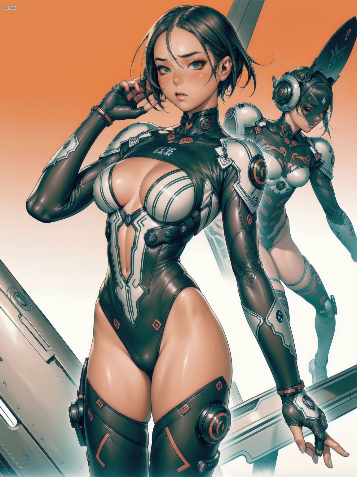 (((Juri Street Fighter))), ((best qualityer)), (((Venom outfit))), (((slim))), (Muscles), (((fit body armor suit))), ((Perfect masterpiece)), (detailded: 1.4), (absurdrez), (((long hair with heavy bangs covering the entire forehead))), (((full body fitness, Venom symbol)), (((short hair woman, blushful))), 21 year old woman, beautiful sexy woman, giant robot pilot, wild with perfect corpo fitness, wearing small mecha battle armor clothes, tiny thong, Shonen manga style, clothing with Japanese cyberpunk graphic patterns, Halftone pattern and vertical stripes, earth tone, exiting the body of a giant robot, (((cowboy shot)))