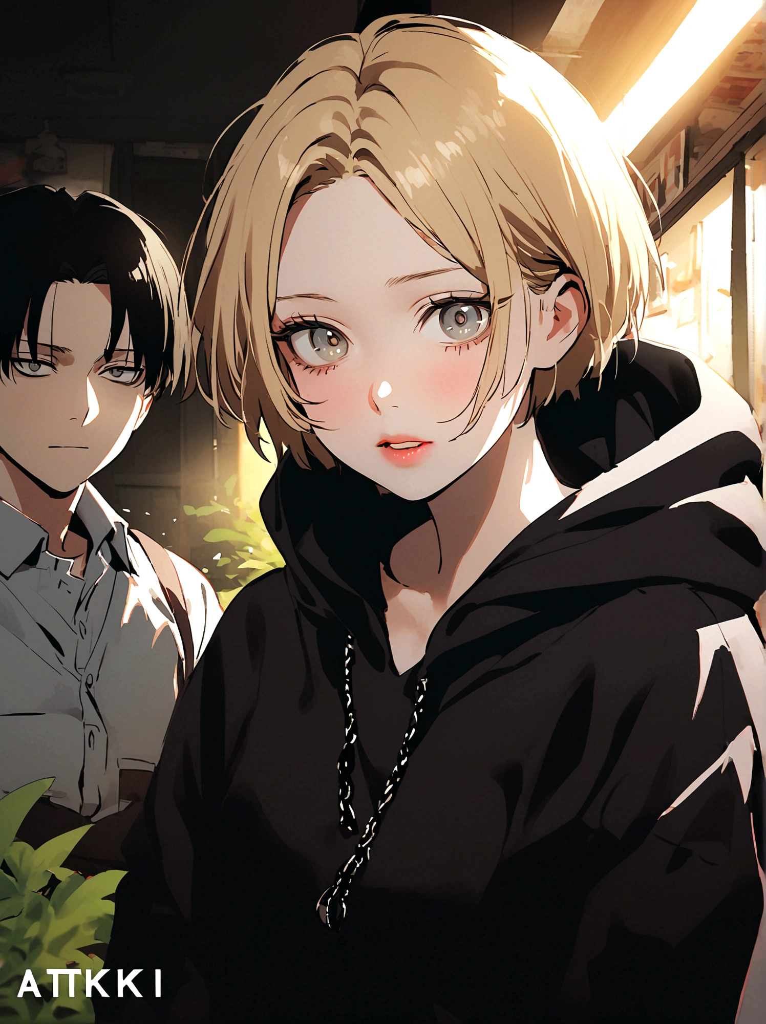 1 male,Levi Ackerman,Attack on Titan,A photo of me and a blonde bob-haired girl