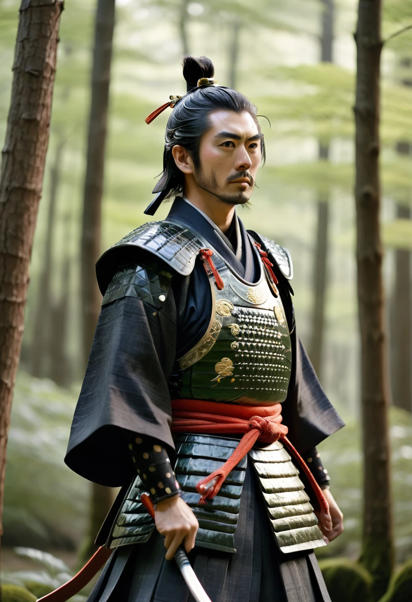 best quality, 8k, very delicate and beautiful, highly detailed face and skin texture, shiny skin, high resolution, japanese samurai stand at forest, full body, sharp focus