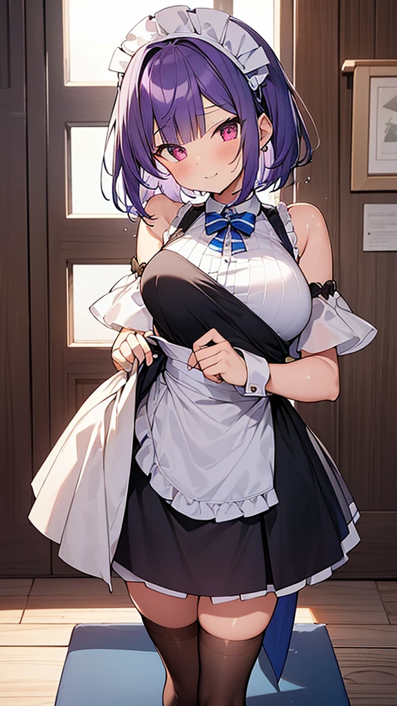 最high quality, high quality, Super detailed, 32k, Ultra-detailed details, Sister and maid, (Standing, pretty girl, beautiful purple hair, short hair, Beautiful RED eyes, mature, Big Breasts, A light smile, Off-the-shoulder sleeveless Summer clothes, Summer casual maid clothes, Short skirt, Blue and white color striped underwear, Black knee socks, loafers, My crotch is wet with love juice, 18-year-old,cute), {{The succubus peels the skin off her sister&#39;s face, sticks it on her face, and seduces her by dressing her as a maid.}}, She has transformed from a shy maid into a lewd one., A maid with her sister&#39;s face stuck on her face is vigorously pistoning her body, A maid who moves her body vigorously without caring if her breasts bounce, Super detailed, Full body image, ((Head to Toe:1.3)), NSFW