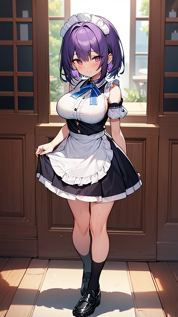 最high quality, high quality, Super detailed, 32k, Ultra-detailed details, Sister and maid, (only, Standing, pretty girl, beautiful purple hair, short hair, Beautiful RED eyes, mature, Big Breasts, A light smile, Off-the-shoulder sleeveless Summer メイド服, Summer casual maid clothes, Short skirt, Blue and white color striped underwear, Black knee socks, loafers, My crotch is wet with love juice, 18-year-old,cute), {{ターゲットの男の妹,The succubus infiltrates the mansion, peels the skin off her sister&#39;s face, replaces it with her own, and puts on a maid outfit with her sister&#39;s face, lifting her skirt to show her underwear., Mature body and sister&#39;s face}, She has transformed from a shy maid into a lewd one., A maid with her sister&#39;s face stuck on her face is vigorously pistoning her body, A maid who moves her body vigorously without caring if her breasts bounce, Super detailed, indoor, Full body image, ((Head to Toe:1.3)), NSFW