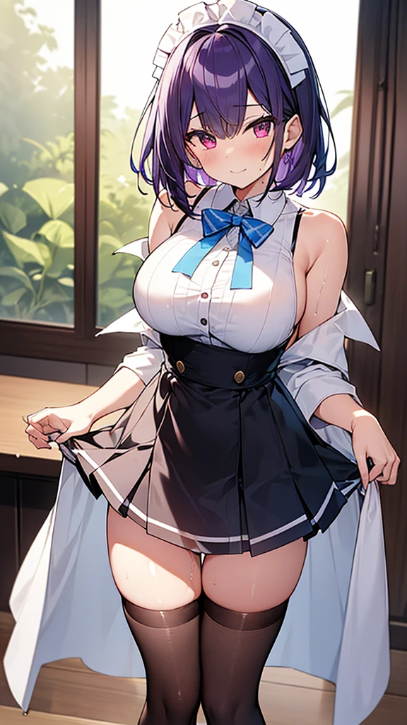 最high quality, high quality, Super detailed, 32k, Ultra-detailed details, Sister and maid, (only, Standing, pretty girl, beautiful purple hair, short hair, Beautiful RED eyes, mature, Big Breasts, A light smile, Off-the-shoulder sleeveless Summer メイド服, Summer casual maid clothes, Short skirt, Blue and white color striped underwear, Black knee socks, loafers, My crotch is wet with love juice, 18-year-old,cute), {{ターゲットの男の妹,The succubus infiltrates the mansion, peels the skin off her sister's face, replaces it with her own, and puts on a maid outfit with her sister's face, lifting her skirt to show her underwear., Mature body and sister's face}, She has transformed from a shy maid into a lewd one., A maid with her sister's face stuck on her face is vigorously pistoning her body, A maid who moves her body vigorously without caring if her breasts bounce, Super detailed, indoor, Full body image, ((Head to Toe:1.3)), NSFW