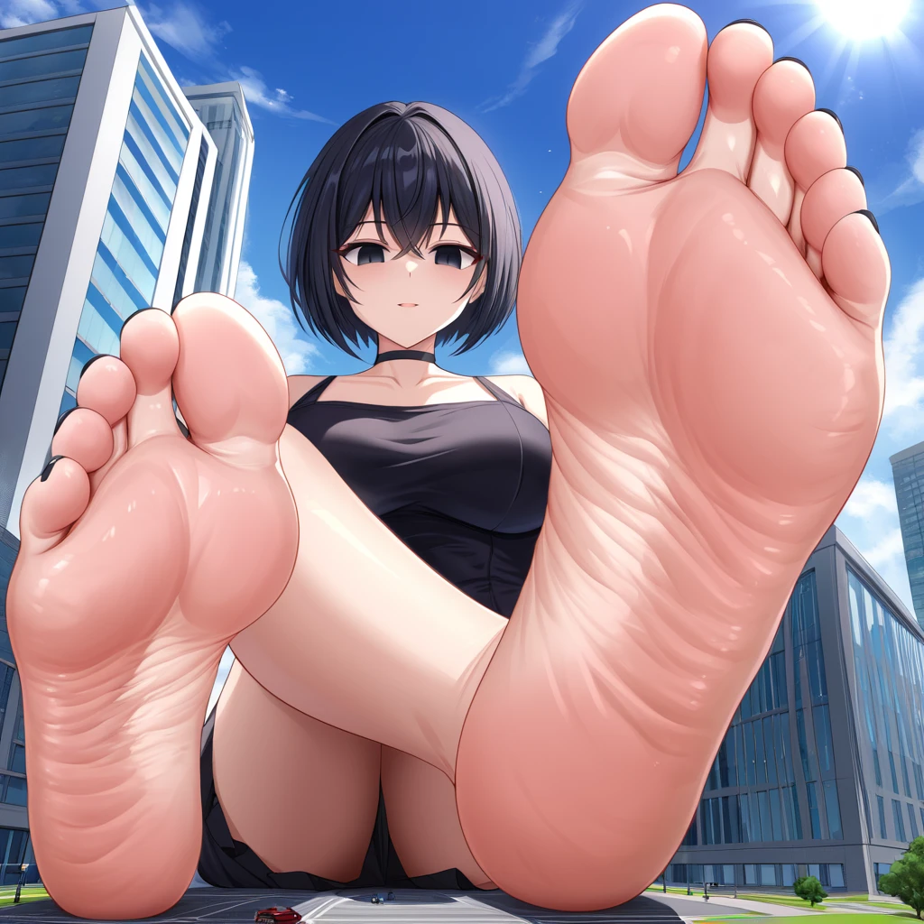 1girl, black hair, black empty eyes, short hair, black choker, macro giantess, POV, legs crossed, foot focus, highly detailed, 32k, highly detailed feet, black toenails, high soles, high arch, greek toe, wrinkled soles, giantess, focus on feet, feet rested