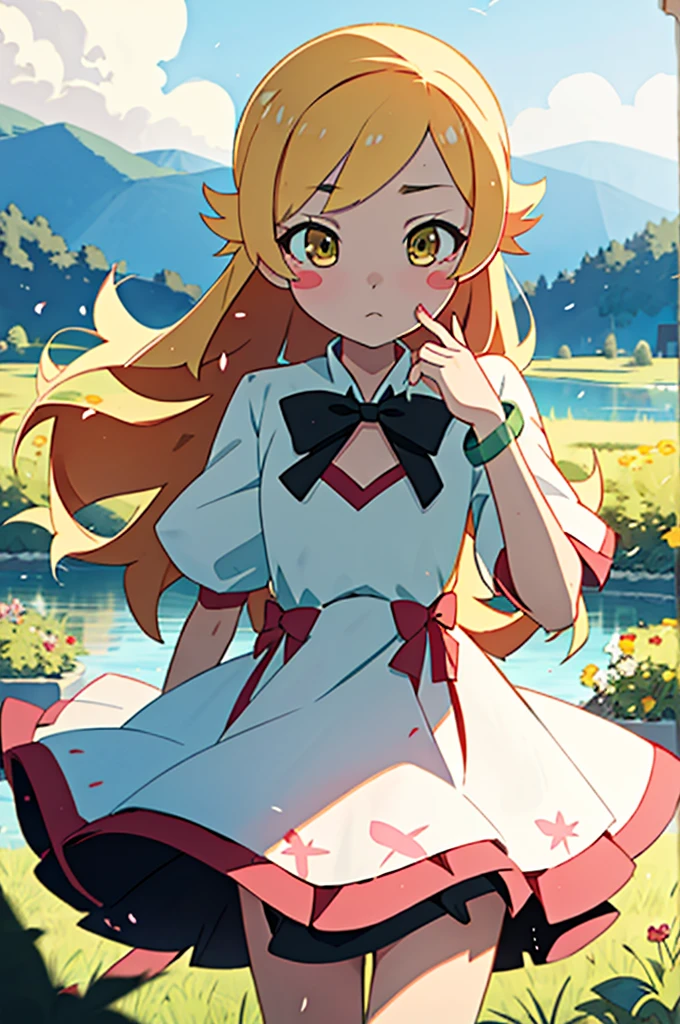 One girl, alone, woman, (Tolerate野_Tolerate),(blonde) (blonde_hair), (yellow_hair), ((length_hair)), ((前hair)), (yellow_eye), blush, cute, Innocent face, pointed_ear, (blush_Stickers), flat_chest, dress, bow, bracelet, tooth, Portrait Global Illumination, hdri, Scattered beneath the surface, masterpiece, 4K, Ray-tracing, beautiful, sharp, Smooth Skin, bloom, Anime Sunset, nature, Mountain々, cloud, Grass, Flowers, fire Fly, lake