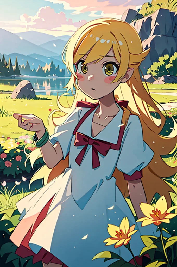 One girl, alone, woman, (Tolerate野_Tolerate),(blonde) (blonde_hair), (yellow_hair), ((length_hair)), ((前hair)), (yellow_eye), blush, cute, Innocent face, pointed_ear, (blush_Stickers), flat_chest, dress, bow, bracelet, tooth, Portrait Global Illumination, hdri, Scattered beneath the surface, masterpiece, 4K, Ray-tracing, beautiful, sharp, Smooth Skin, bloom, Anime Sunset, nature, Mountain々, cloud, Grass, Flowers, fire Fly, lake