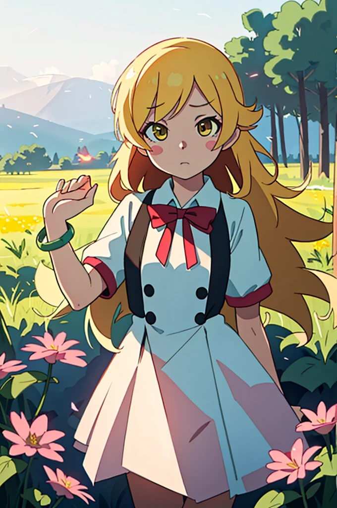 One girl, alone, woman, (Tolerate野_Tolerate),(blonde) (blonde_hair), (yellow_hair), ((length_hair)), ((前hair)), (yellow_eye), blush, cute, Innocent face, pointed_ear, (blush_Stickers), flat_chest, dress, bow, bracelet, tooth, Portrait Global Illumination, hdri, Scattered beneath the surface, masterpiece, 4K, Ray-tracing, beautiful, sharp, Smooth Skin, bloom, Anime Sunset, nature, Mountain々, cloud, Grass, Flowers, fire Fly, lake