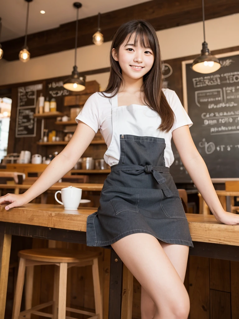 18-year-old girl working at a quiet cafe. Apron skirt. smile Low angle shooting