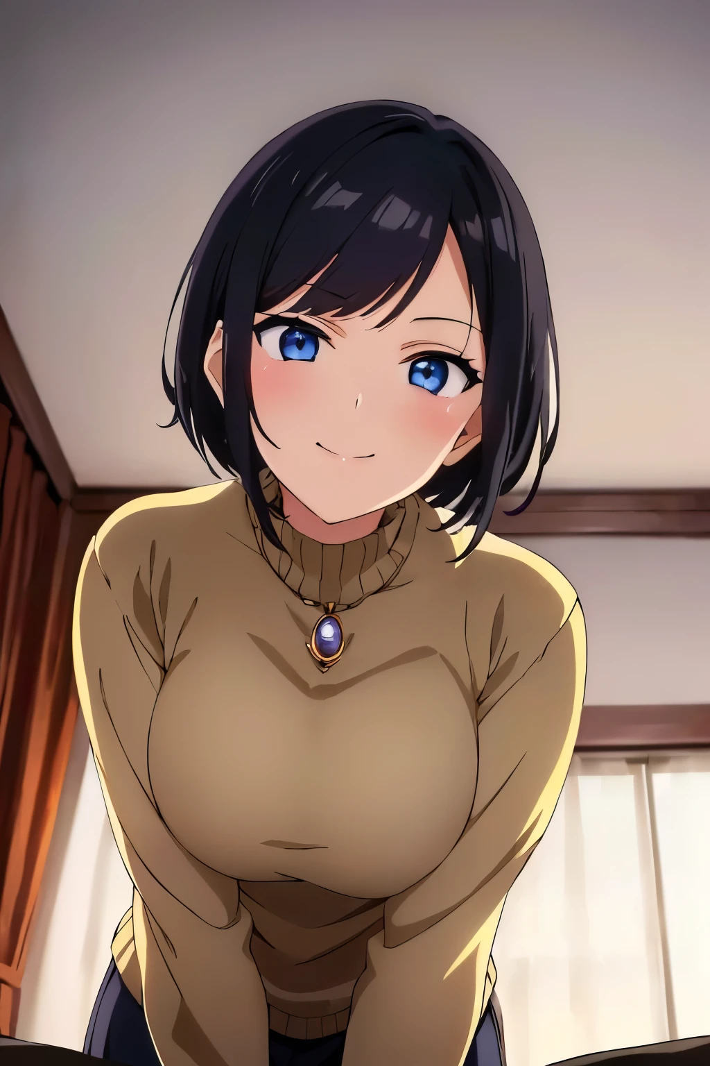 a close up of a person in a room , anime visual of a cute girl, seductive anime girl, attractive anime girl, smooth anime cg art, anime best girl, beautiful alluring anime , teasing smile, anime moe artstyle, anime visual of a young woman, thicc, ecchi anime style, mayuri shiina, (masterpiece), best quality, expressive eyes, perfect face, solo, 1 tall girl, pixie cut, mid long hair, (dark black short hair), (swept bangs), (a brooch on her head), dark blue eyes, wide open surprised eyes, smug smile, closed mouth, bateau neckline beige sweater, big breast,bedroom scenery, super low angle view, ((shot from below)), face close up, bending over viewer