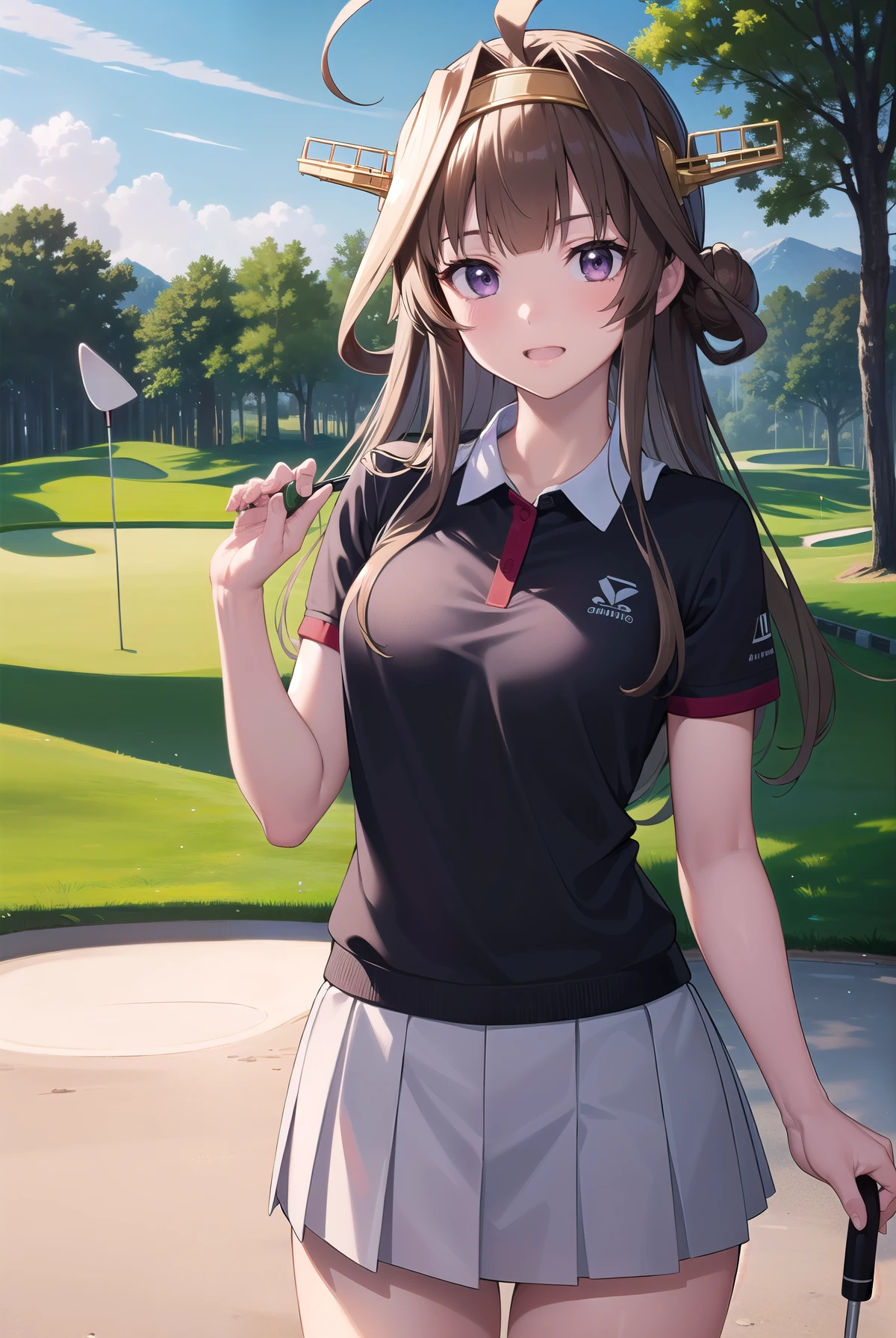 KanColle Kongou, black, Ahoge, Brown Hair, Double Bang, Hair Bun, Hair Bunド, headgear, Long Hair, (Purple eyes:1.1), 
(Golf Wear), (Pleated skirt), Golf Swing, (Panty shot),Nice shot ruined looking at viewer, 
Destroy outdoors,Breaking a golf club (masterpiece:1.2), Highest quality, High resolution, unity 8k wallpaper, (figure:0.8), (Beautiful attention to detail:1.6), Highly detailed face, Perfect lighting, Highly detailed CG, (Perfect hands, Perfect Anatomy),