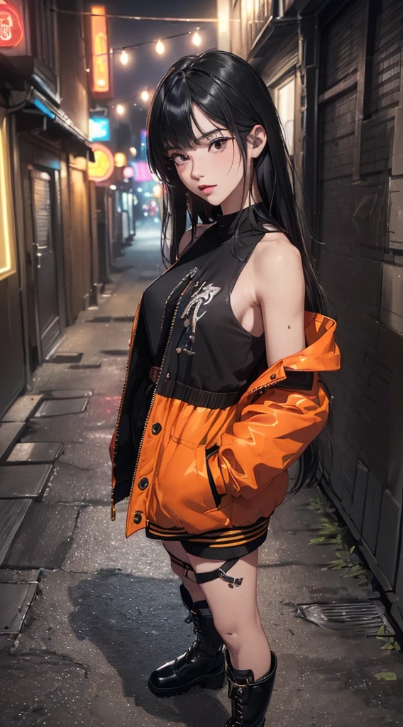 (((8k wallpaper of extremely detailed CG unit:1.2, masterpiece, hight resolution:1.2, top-quality:1.2, masutepiece))), ((a very beautiful woman, Hands in pockets:1.8, Street fashion:1.2, wearing a colorful jacket:1.2, Wearing boots)), ((extra detailed face, Highly detailed black eyes, extra detailed body, Top quality real texture skins)), (color hair:1.2, de pele branca, Small, exposed shoulder), ((Empty alley, Mileland. natta, Neon Street)), (high-angle, a closeup, Fisheye), hyper realisitic, digitial painting,