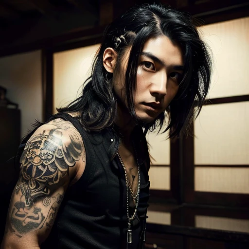 1 man, Japanese man, male, Asian eyes, muscular, broad shoulders, yakuza tattoos, hairstyle Visual Kei style, hair Visual Kei, black men's shirt and black pants, ultra detailed face, hyperrealistic, realistic representation, long hair, long hair, 30 years old, age 30 years, blonde and black hair