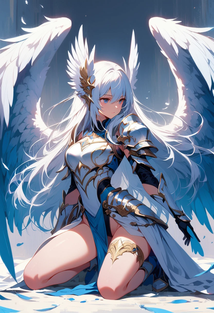 1girl kneeling angel angel_wings armor feathers_Long wing feathers_Hair Shoulder Armor Shoulder_Armor single piece_Wing separate upper part_The body is white_Theme blue_Wings Wings