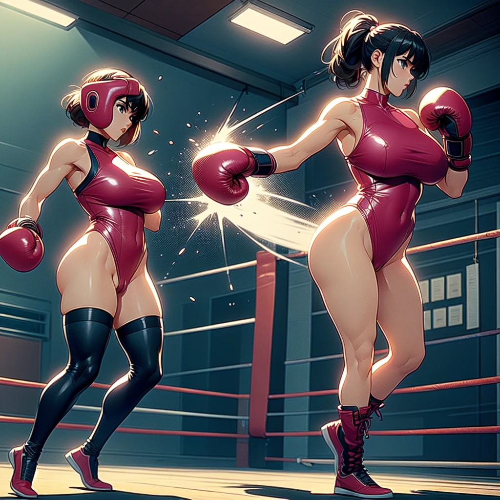 NSFW , Penis-shaped Mr./Ms. bag , Fullbody shot , Female boxing, Wear leotard , So huge breasts.