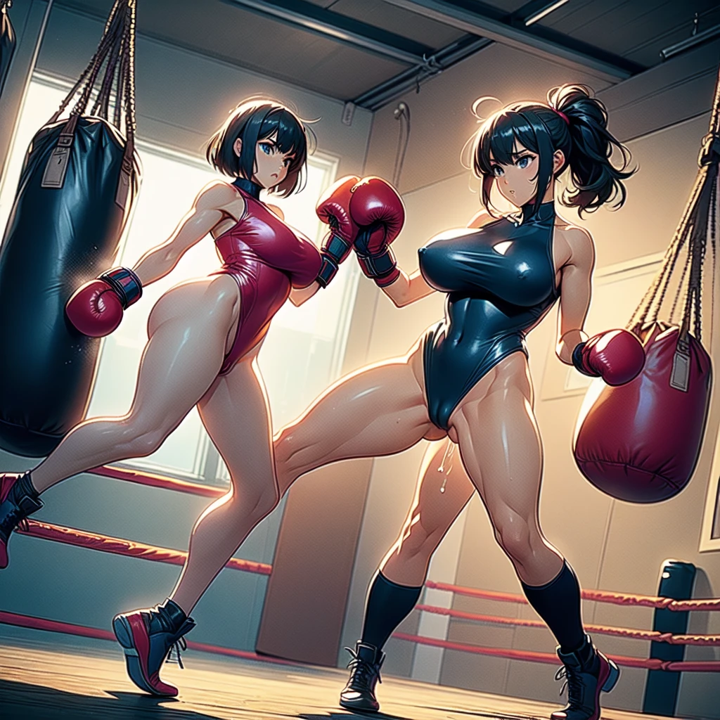 NSFW , Penis-shaped Mr./Ms. bag , Fullbody shot , Female boxing, Wear leotard , So huge breasts.